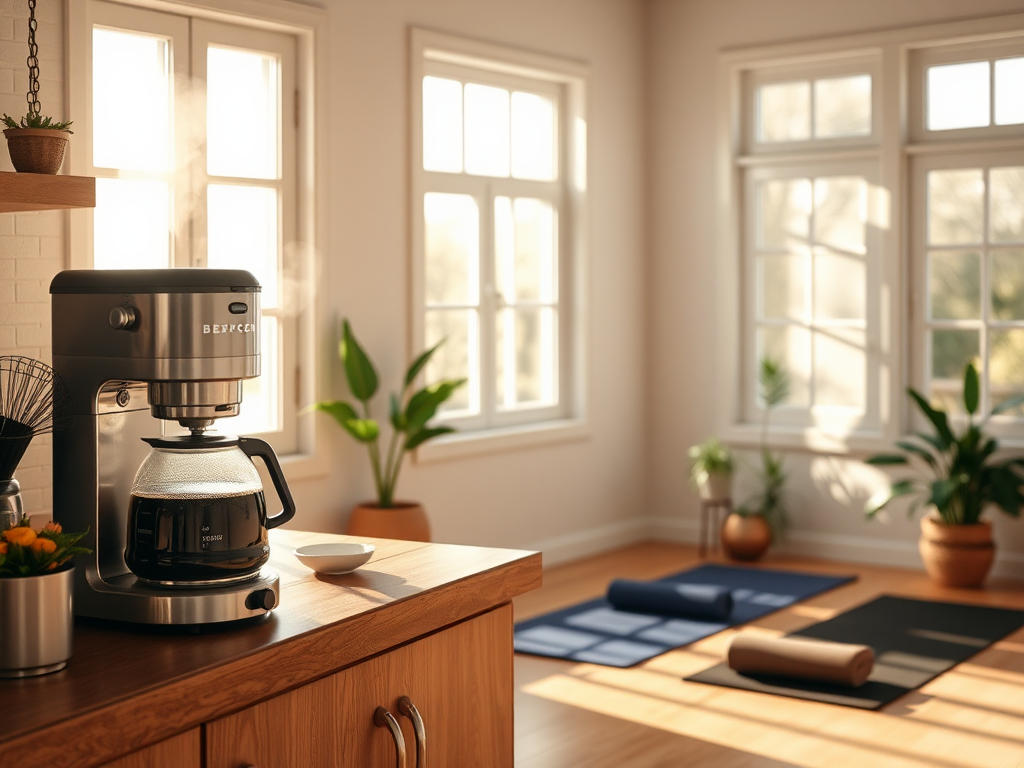 Een gezellige keuken met een koffiezetapparaat en yoga-studio.