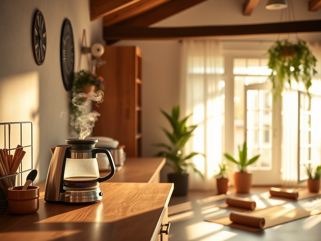Een gezellige keuken met een koffiemaker en yoga studio.