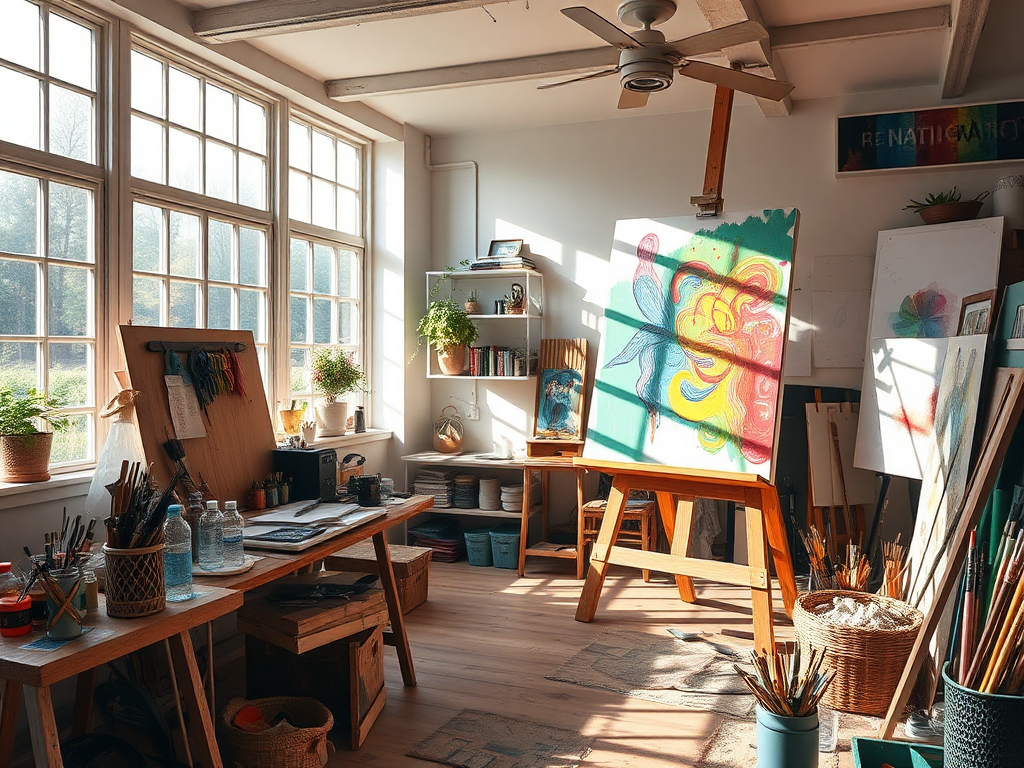 Een serene kunstenaarsstudio met kleurrijke verf en een canvas.