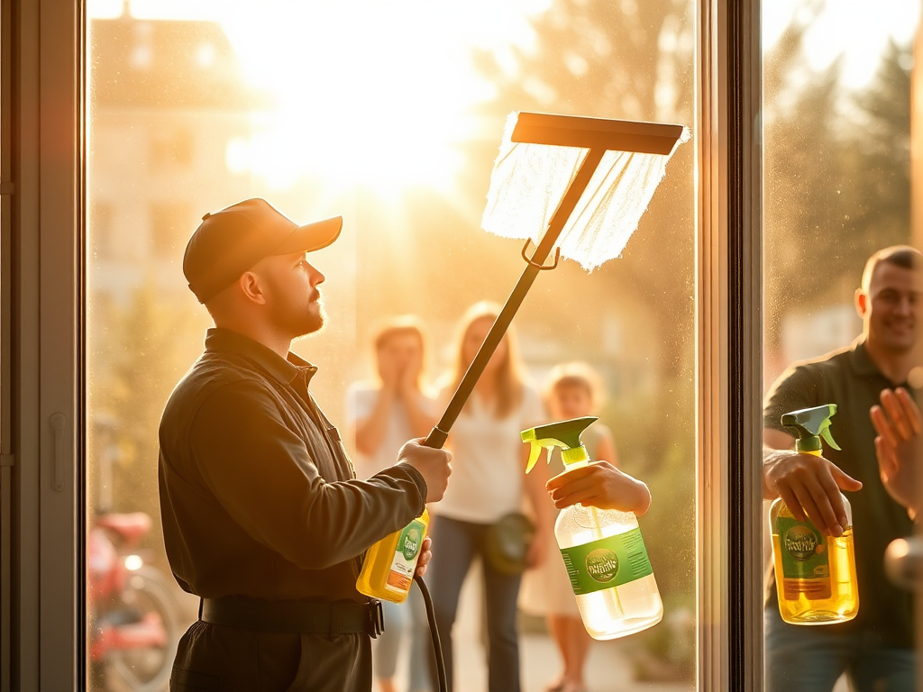 Een professionele glazenwasser werkt in de zon.