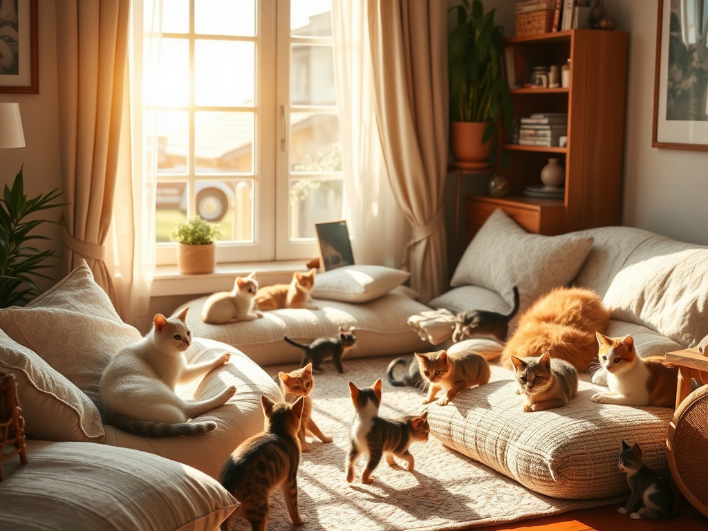 Een gezellige kamer met loungende katten en kittens.