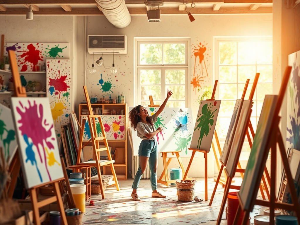Een levendige kunststudio met een blije kunstenaar.
