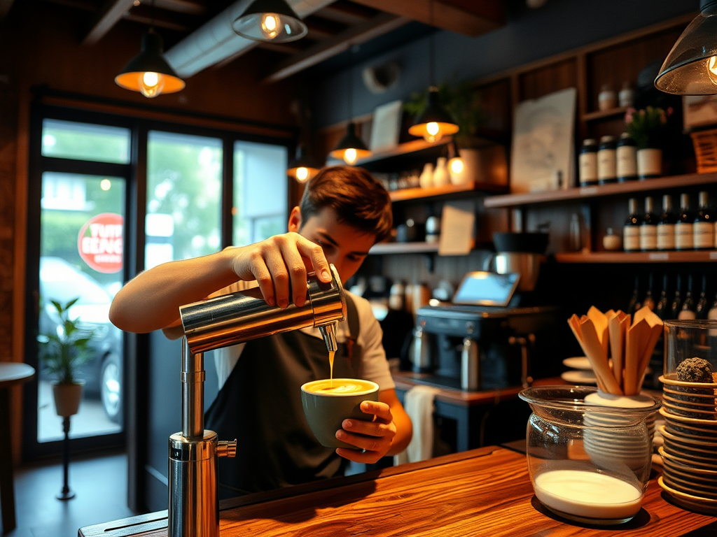 Gezellige koffiewinkel met een barista die latte art maakt.