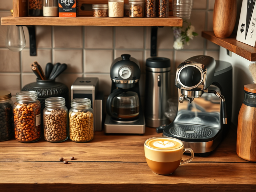 Een gezellige koffiebar met een houten aanrecht en koffiebonen.