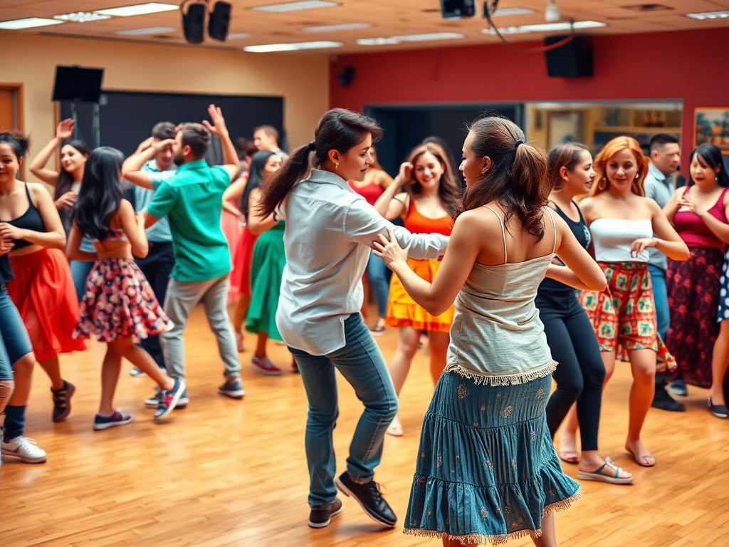 Een levendige salsa dansles met blije tieners.