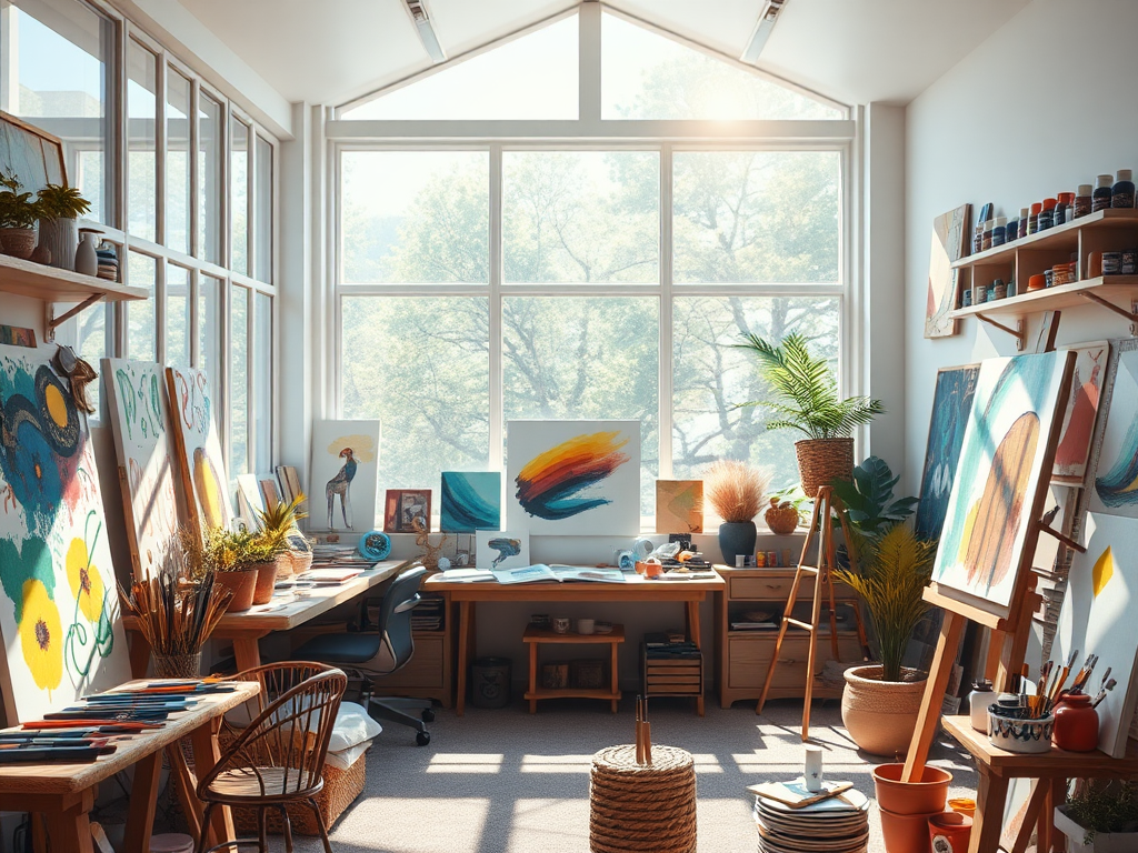Een serene kunstenaarsstudio met kleurrijke verf en doeken.