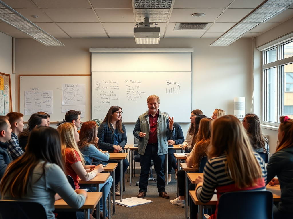Een levendige klas met enthousiaste tieners in discussie.