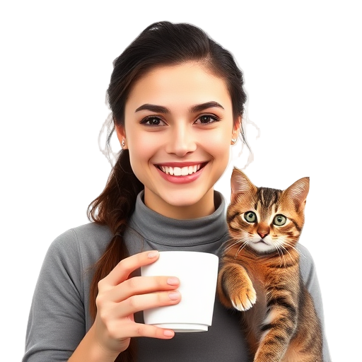 Een lachende persoon met een kat en een kopje.