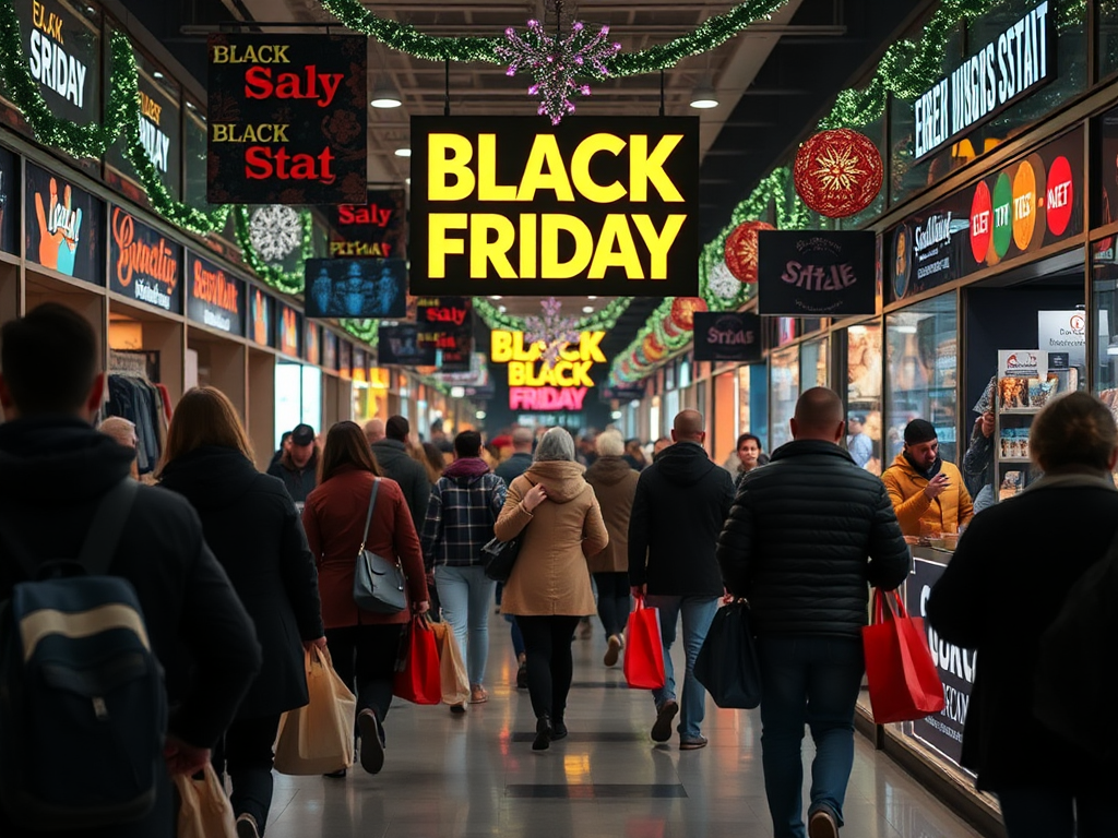 Drukke Black Friday-winkelscene met shoppers en aanbiedingen.