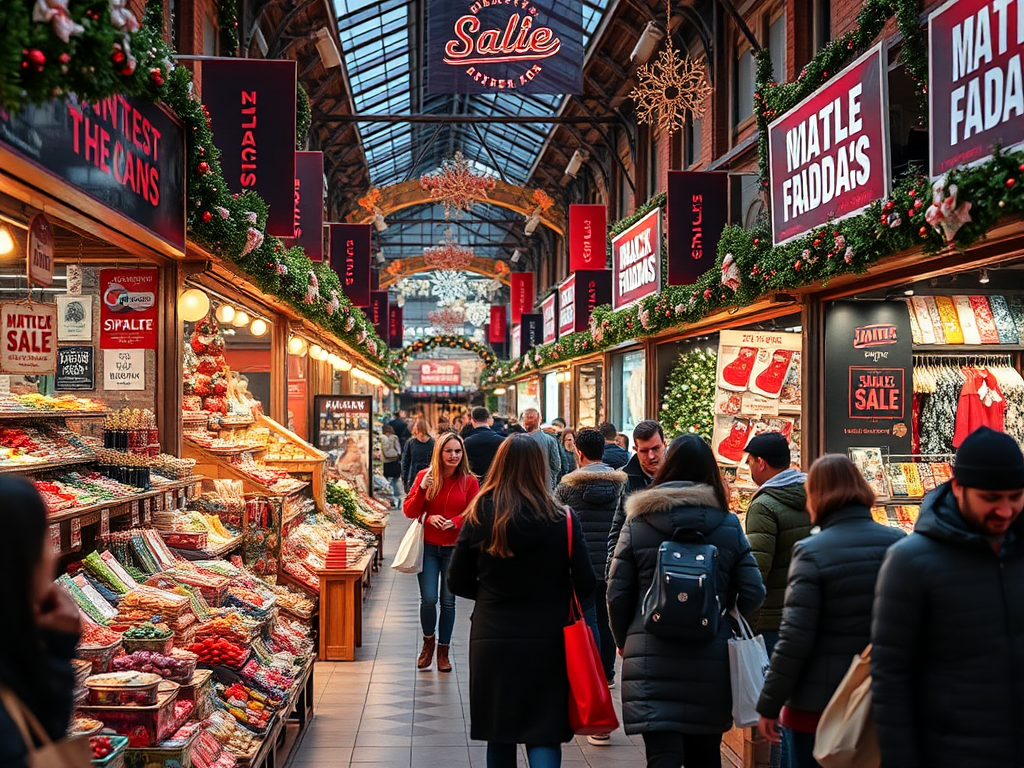 Drukke markt met shoppers en feestelijke decoraties.
