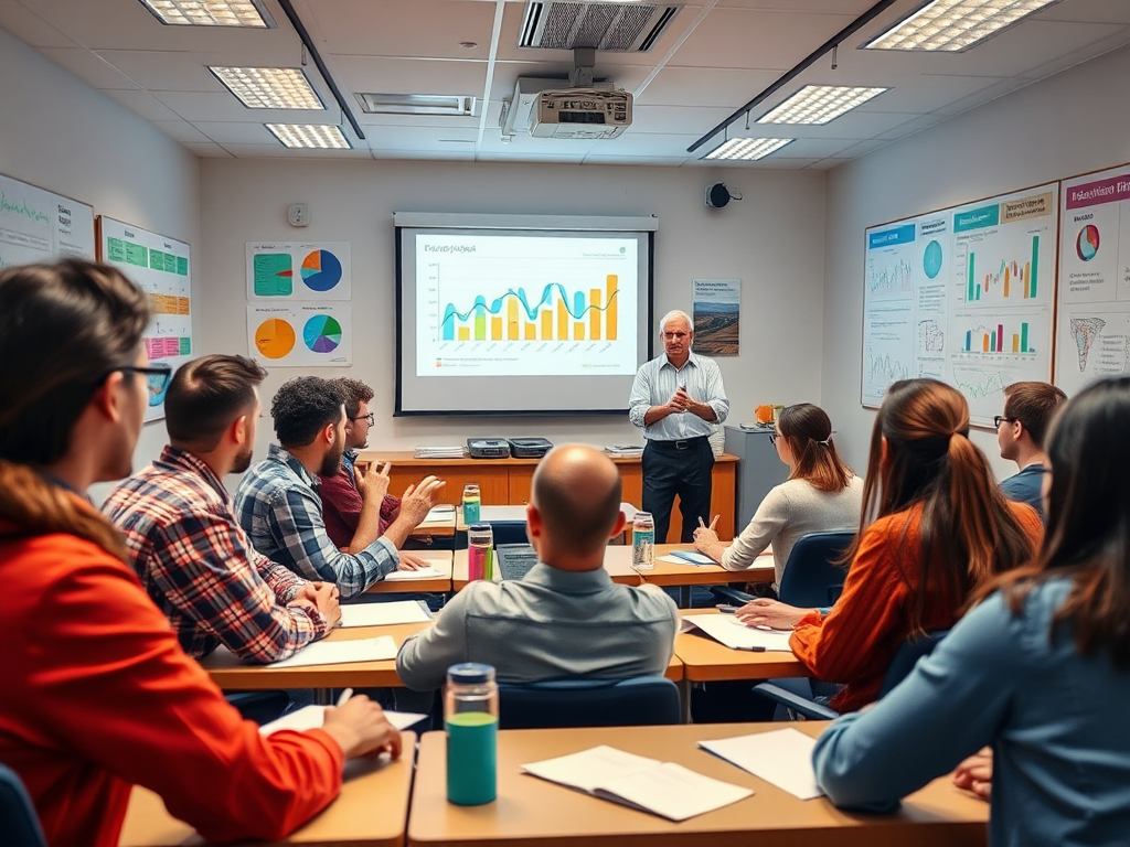Een levendige klas met betrokken studenten en een docent.