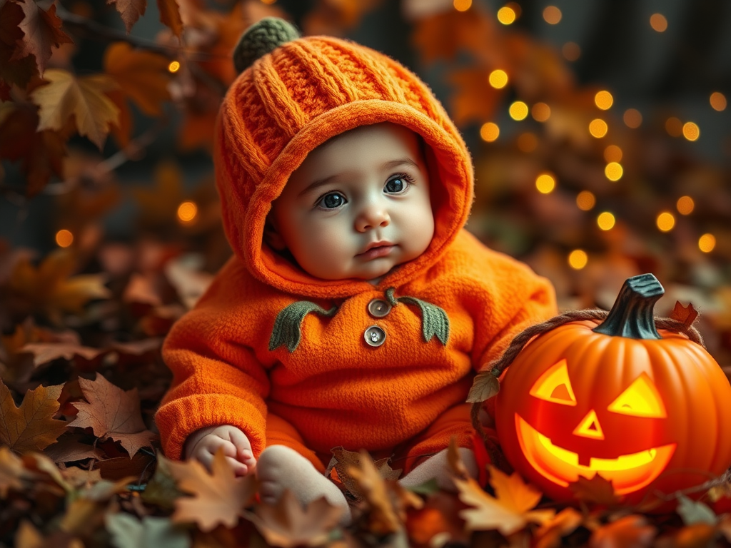 Een schattige baby in een pompoenkostuum omringd door herfstbladeren.