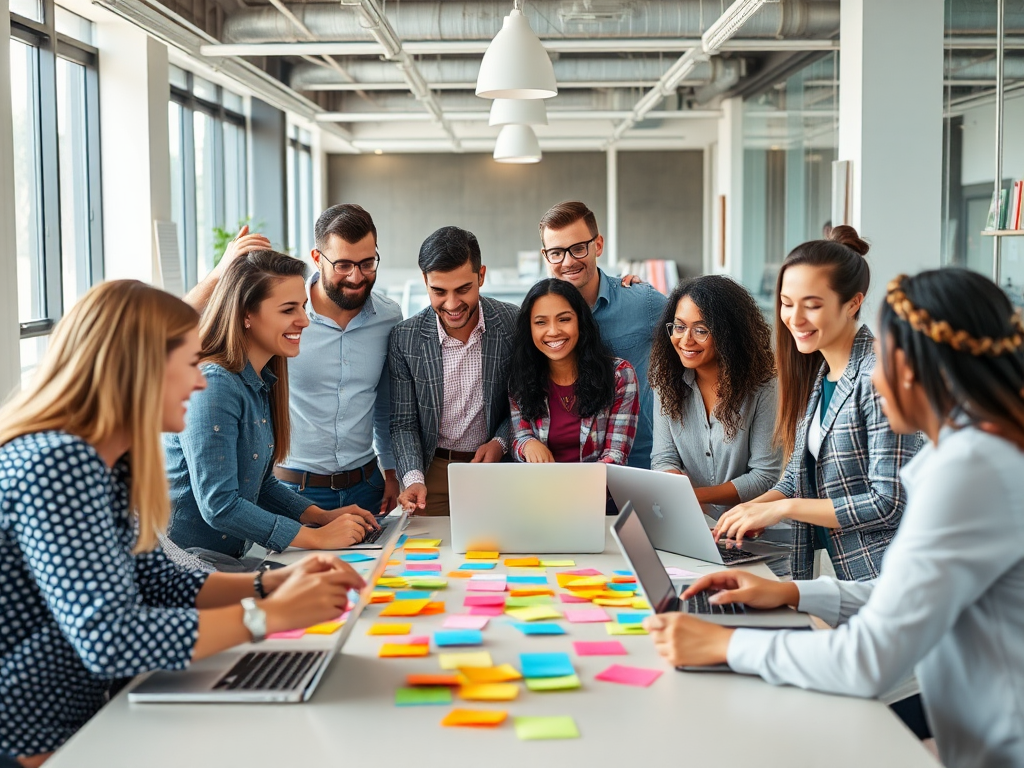 Een diverse groep ondernemers brainstormt in een moderne kantoorruimte.