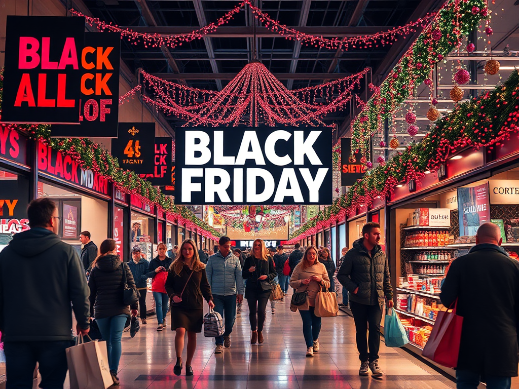 Drukke Black Friday winkellocatie met shoppers en kortingen.