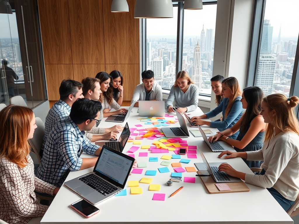 Een diverse groep ondernemers brainstormt rond een grote tafel.