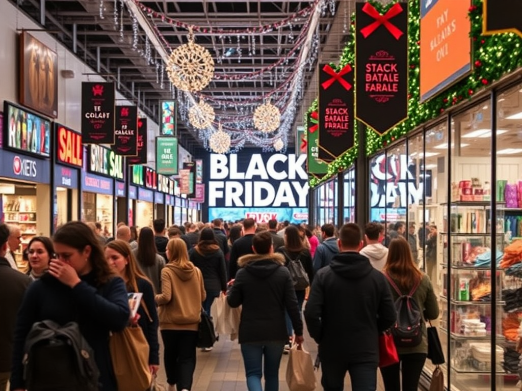 Drukke Black Friday winkelervaring met shoppers en aanbiedingen.