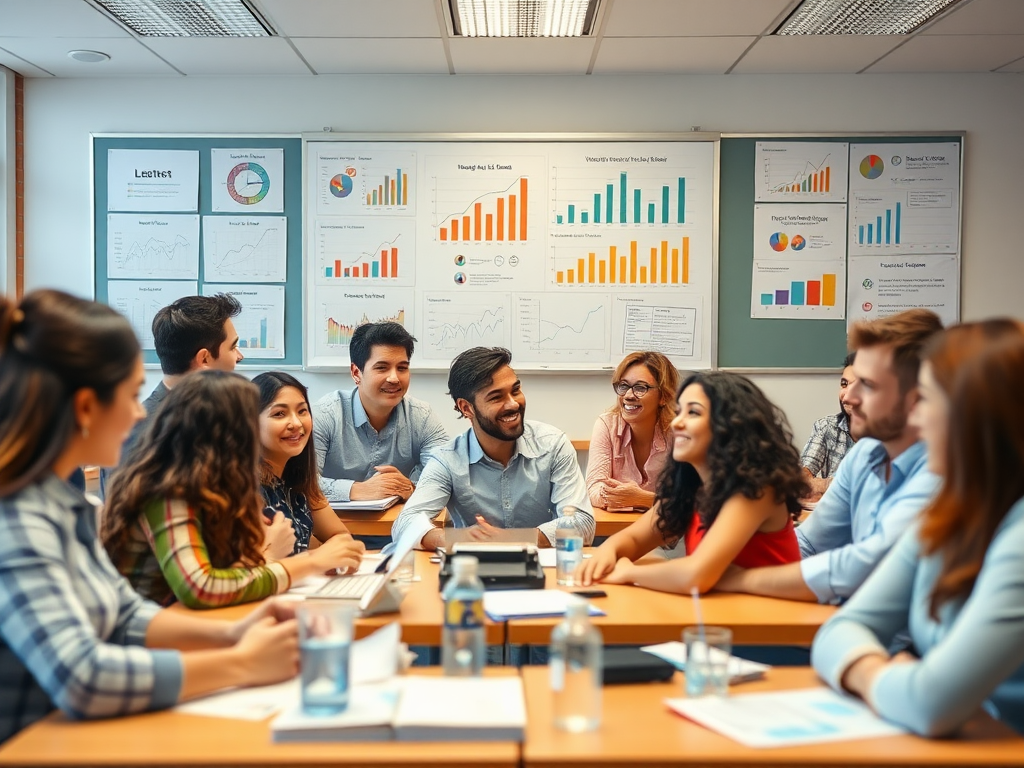 Een dynamische klas met enthousiaste, diverse studenten in gesprek.