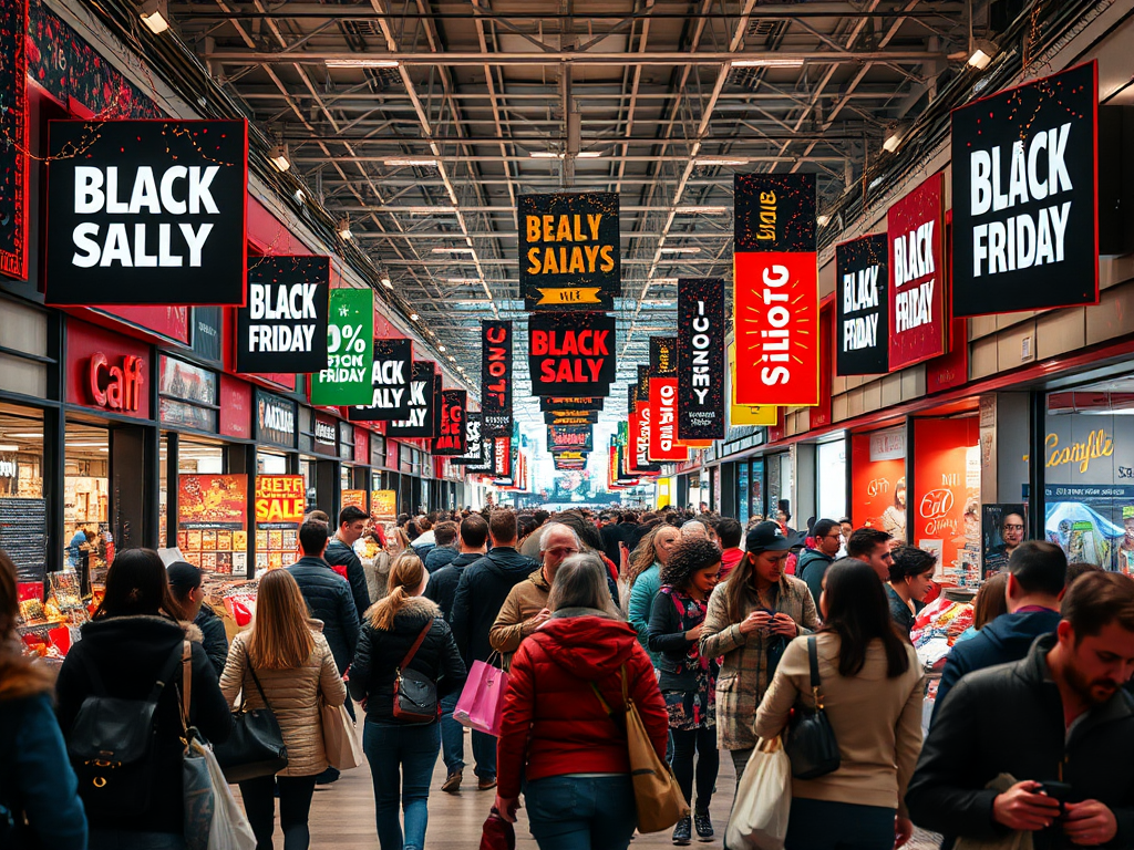 Drukke Black Friday-sfeer met shoppers en aanbiedingen.