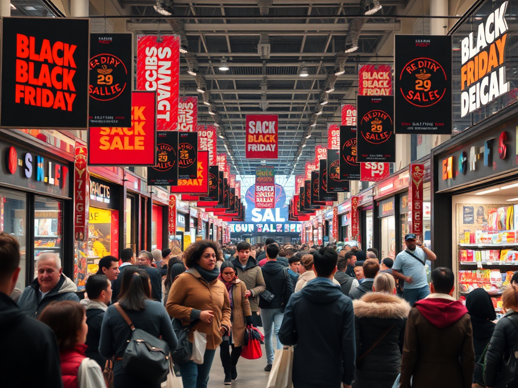 Drukke Black Friday-scene met shoppers en verkoopborden.