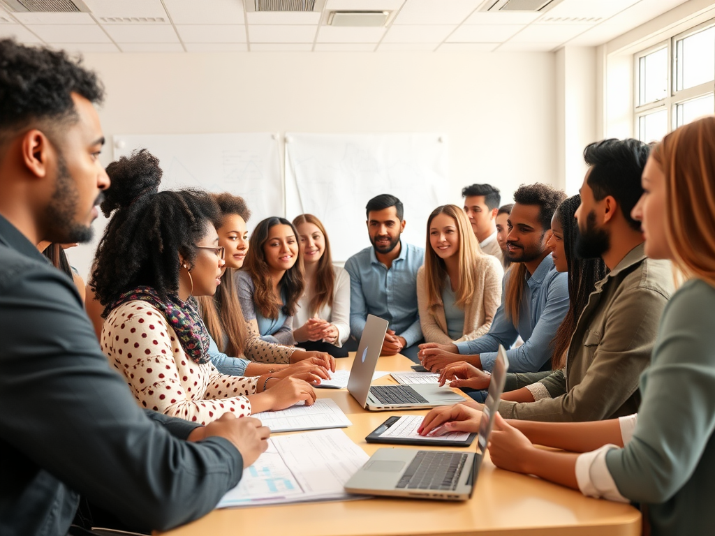 Een diverse groep ondernemers in een klaslokaal, druk in gesprek.
