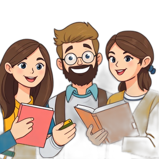 Drie mensen met boeken en zelfverzekerde gezichten.