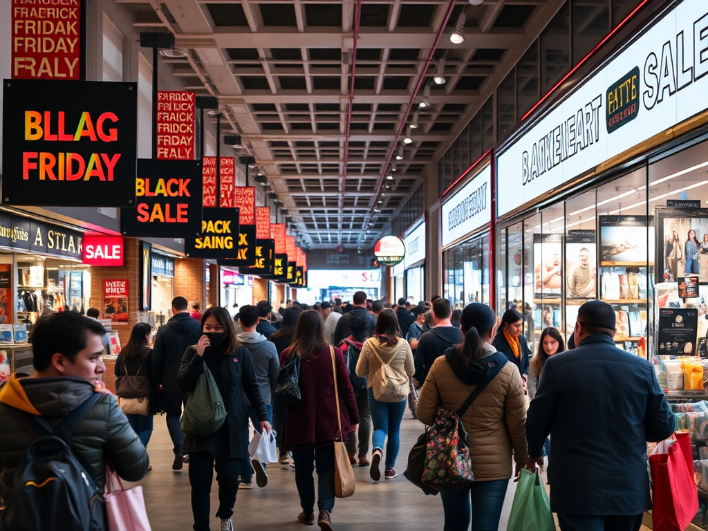 Drukke winkelstraat tijdens Black Friday met shoppers en aanbiedingen.