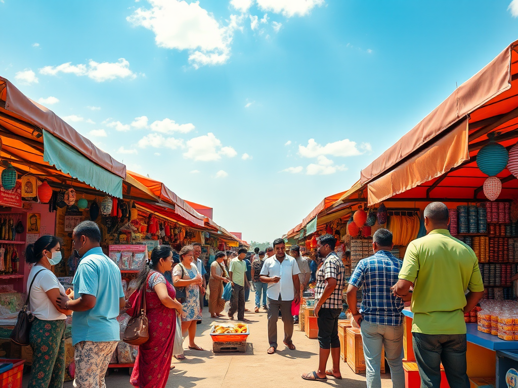 Levendige markt met diverse ondernemers en kleurrijke kraampjes.