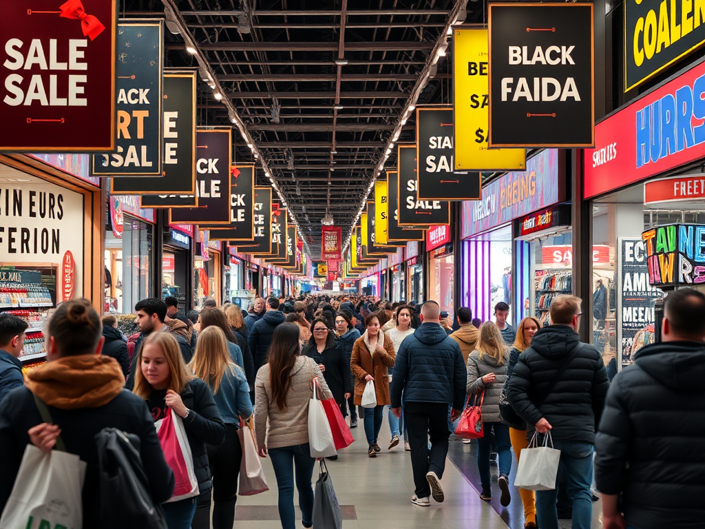 Drukke Black Friday-scene met shoppers en sale-borden.