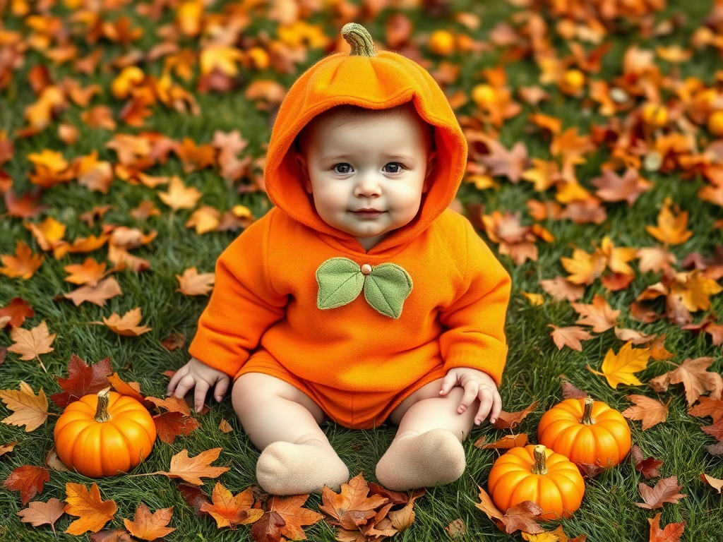 Een schattige baby in een pompoen kostuum, omringd door bladeren.