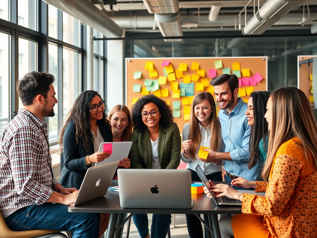 Een diverse groep ondernemers brainstormt in een moderne kantoorruimte.