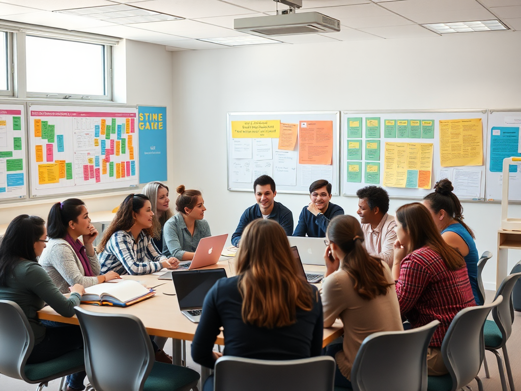 Een levendige klas met betrokken studenten rond een tafel.