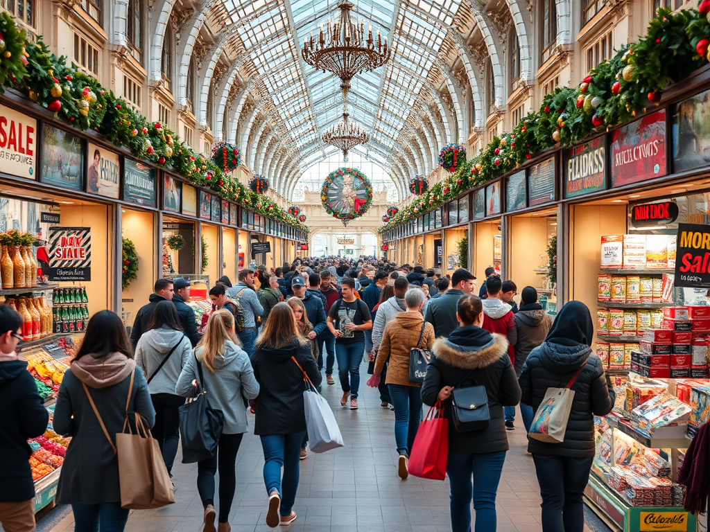 Drukke markt tijdens Black Friday met shoppers en aanbiedingen.
