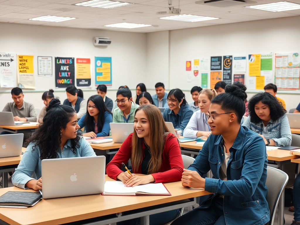 Een levendige klas met diverse studenten in een businesscursus.