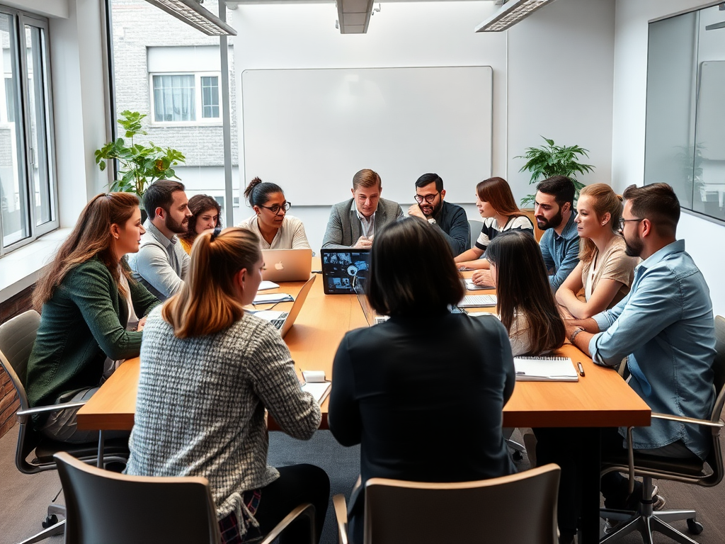 Een diverse groep mensen in een moderne klaslokaal.