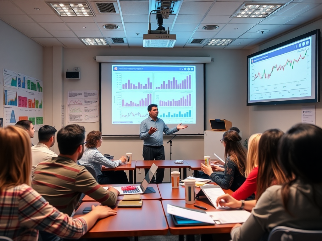 Een levendige klas met enthousiaste studenten en presentaties.