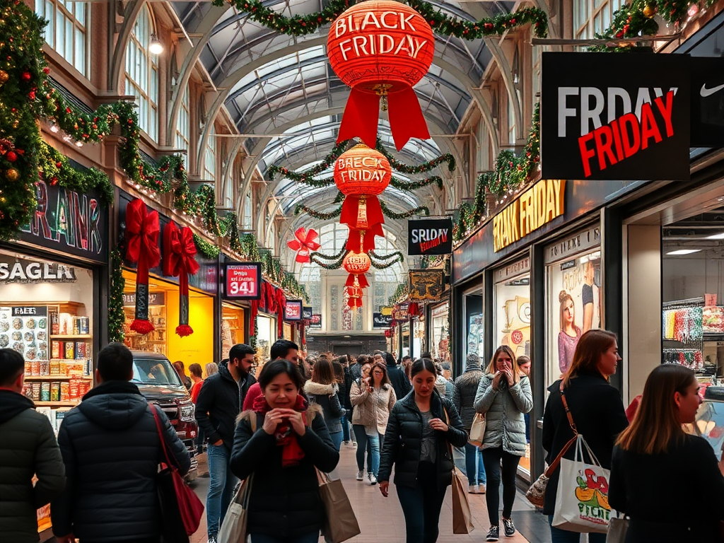 Drukke marktplaats tijdens Black Friday met shoppers.