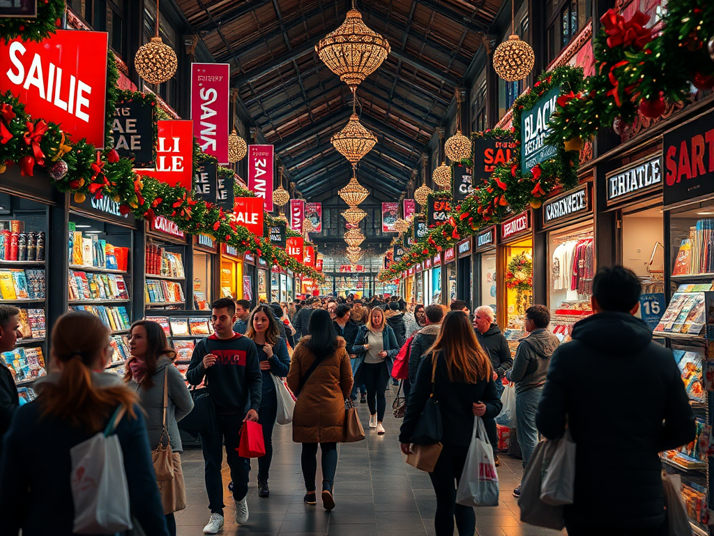 Drukke markt tijdens Black Friday met shoppers en aanbiedingen.
