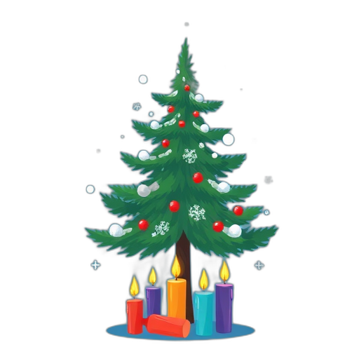 Een feestelijke winterse scène met een dennenboom en kaarsen.