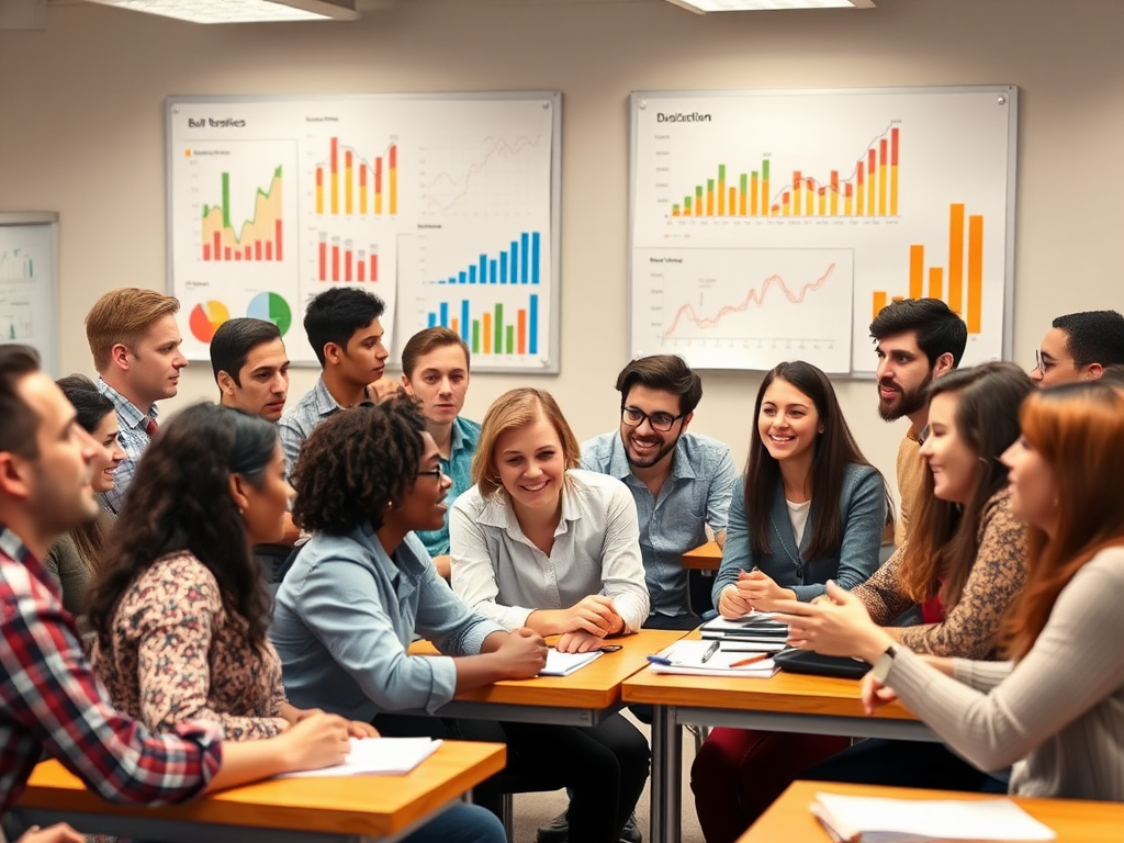 Een levendige klas met diverse studenten in discussie.