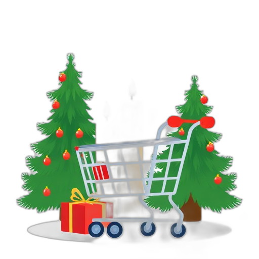 Winkeltas met kerstbomen en een cadeau.