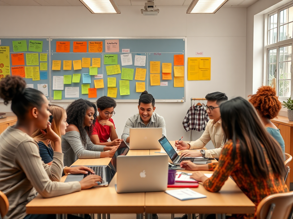Een levendige klaslokatie met betrokken studenten en laptops.
