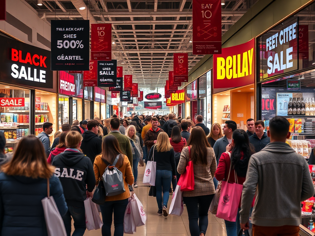 Drukke Black Friday-scène met shoppers en uitverkoopborden.