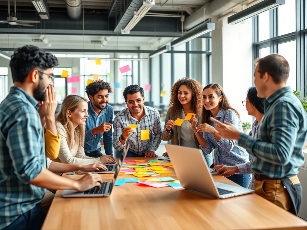 Een diverse groep ondernemers brainstormt in een moderne kantoorruimte.