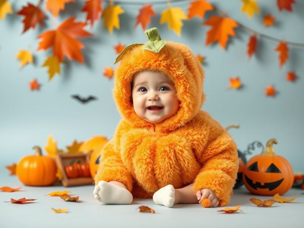 Een schattige baby in een pompoen kostuum, omringd door herfstbladeren.
