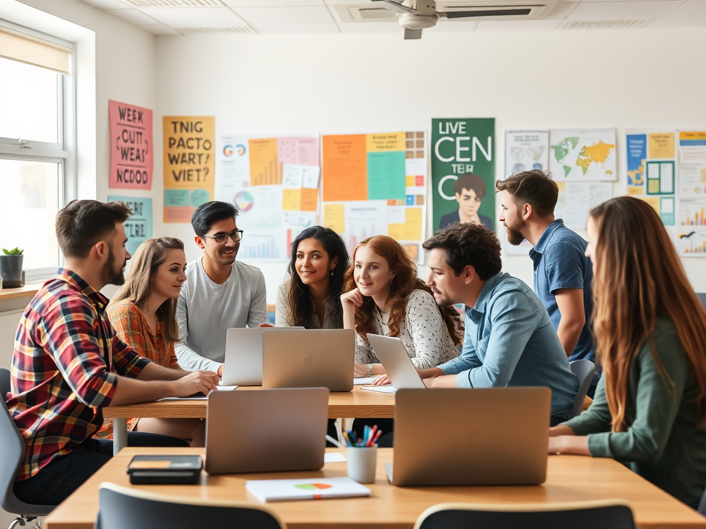 Een diverse groep jonge ondernemers brainstormt in een modern klaslokaal.