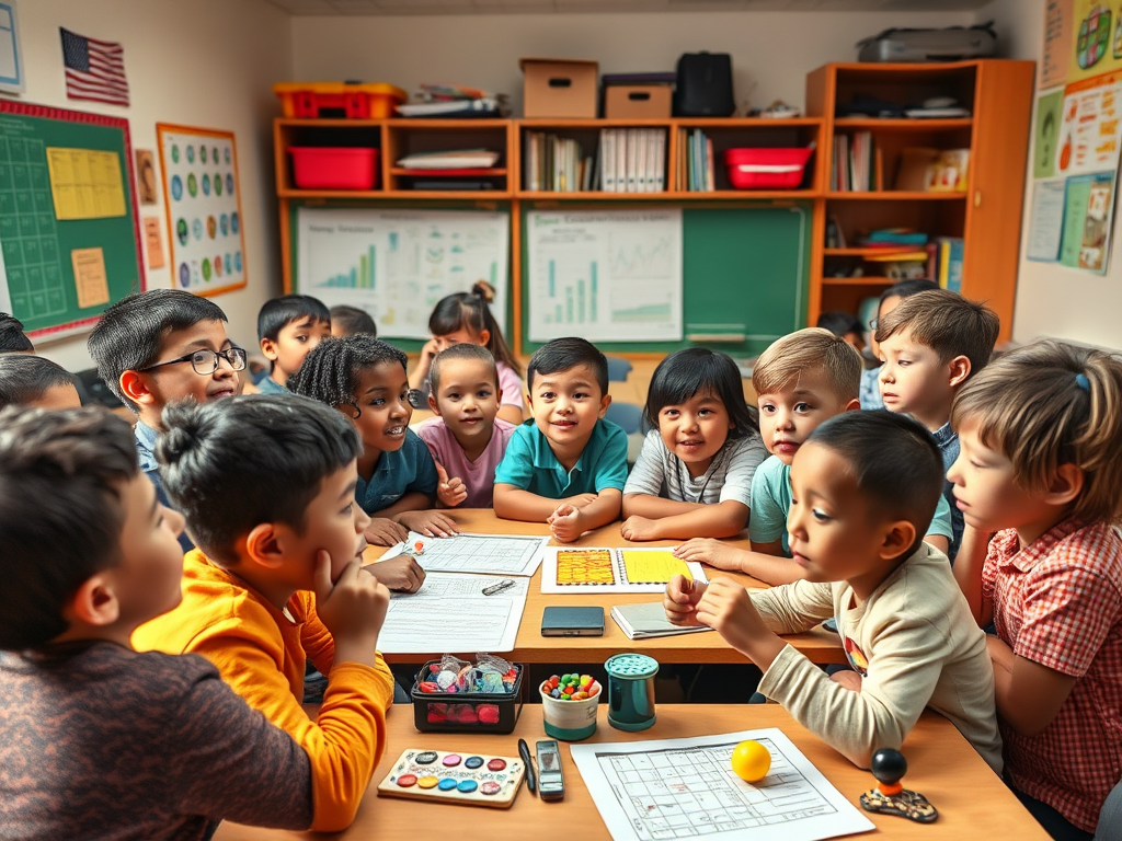 Een kleurrijke klas vol enthousiaste kinderen in discussie.