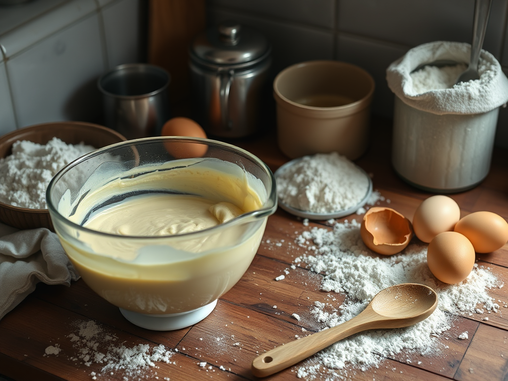 Een gezellige keuken met pannenkoekenbeslag en ingrediënten.