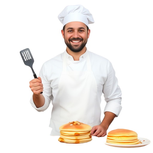 Een lachende kok met pannenkoeken op de achtergrond.