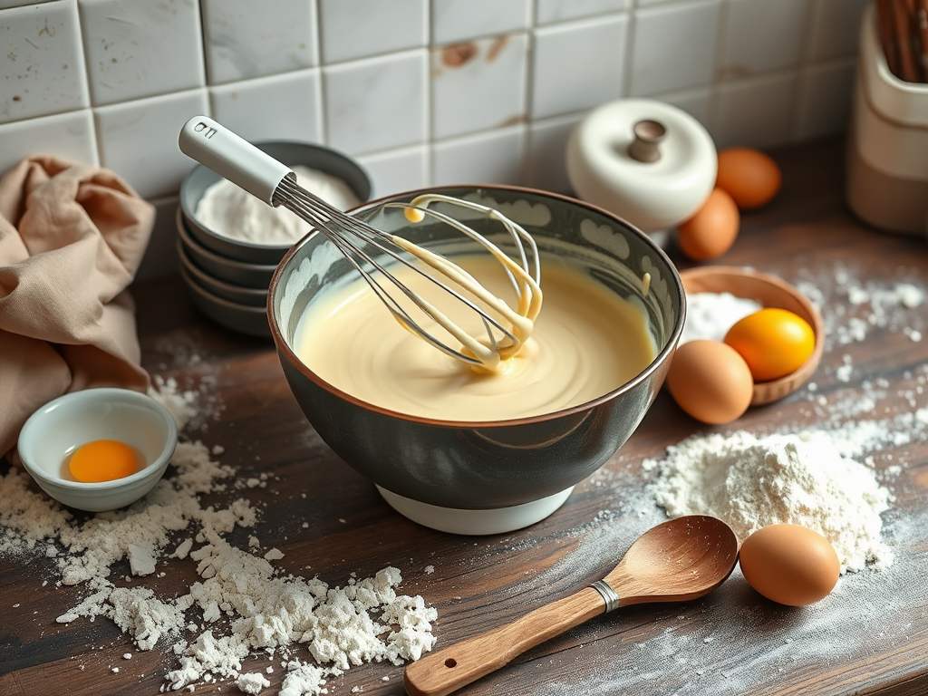 Een gezellige keuken met pannenkoekenbeslag en ingrediënten.