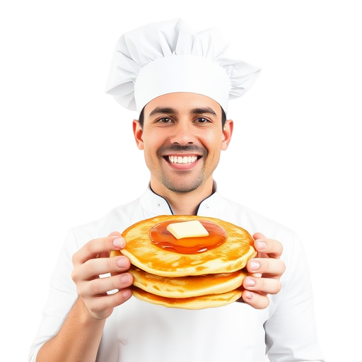 Een kok die lachend pannenkoeken vasthoudt.